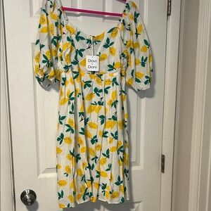 DAVI & DANI Lemon Print Midi Dress - White and Yellow